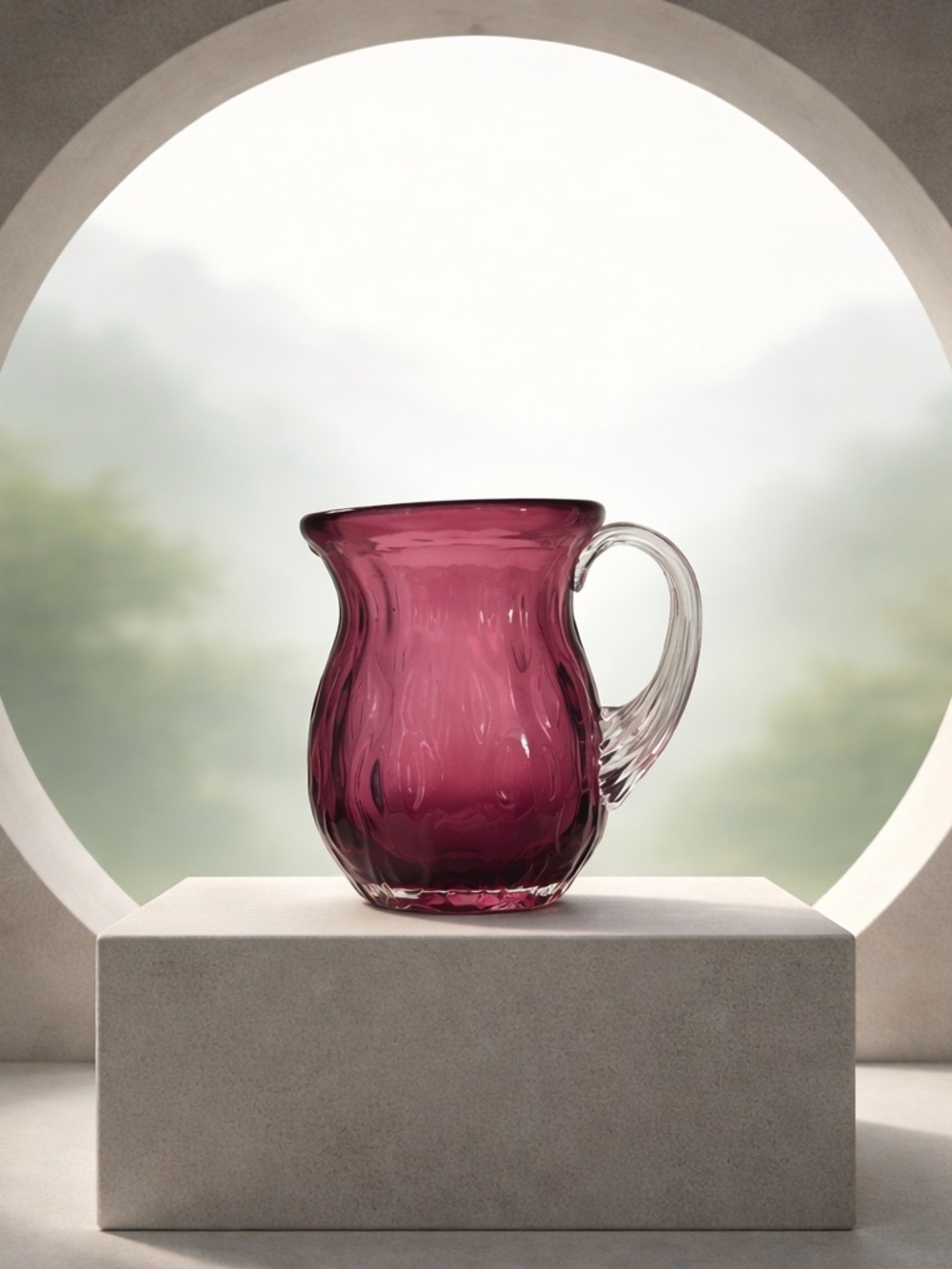 Handblown Amethyst Glass Pitcher with Clear Ribbed Handle